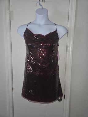Sequin Cowl Neck Camisole in Deep Wine Mini Dress